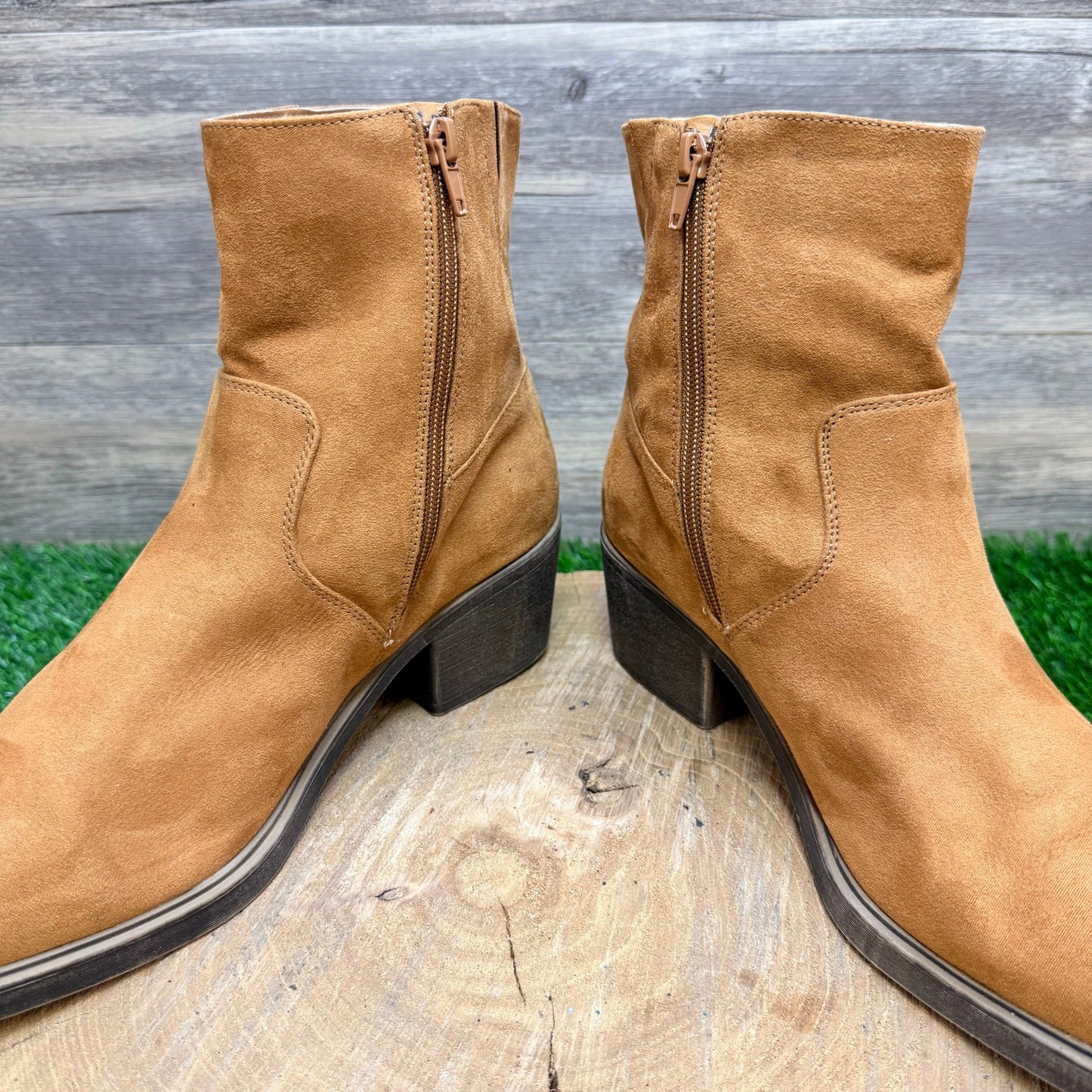 OS Women - Size 9.5M - Cognac Faux Suede Fringe Ankle Boots 73277