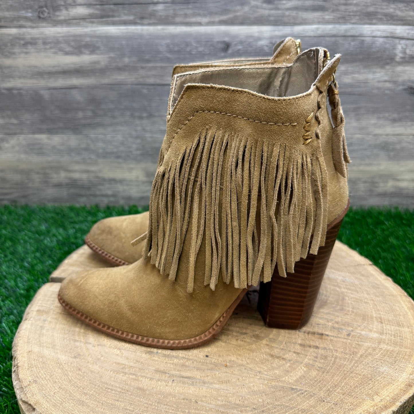 Cynthia Vincent Women - Size 8.5 - Tan Fringe Ankle Heeled Zipper Boots