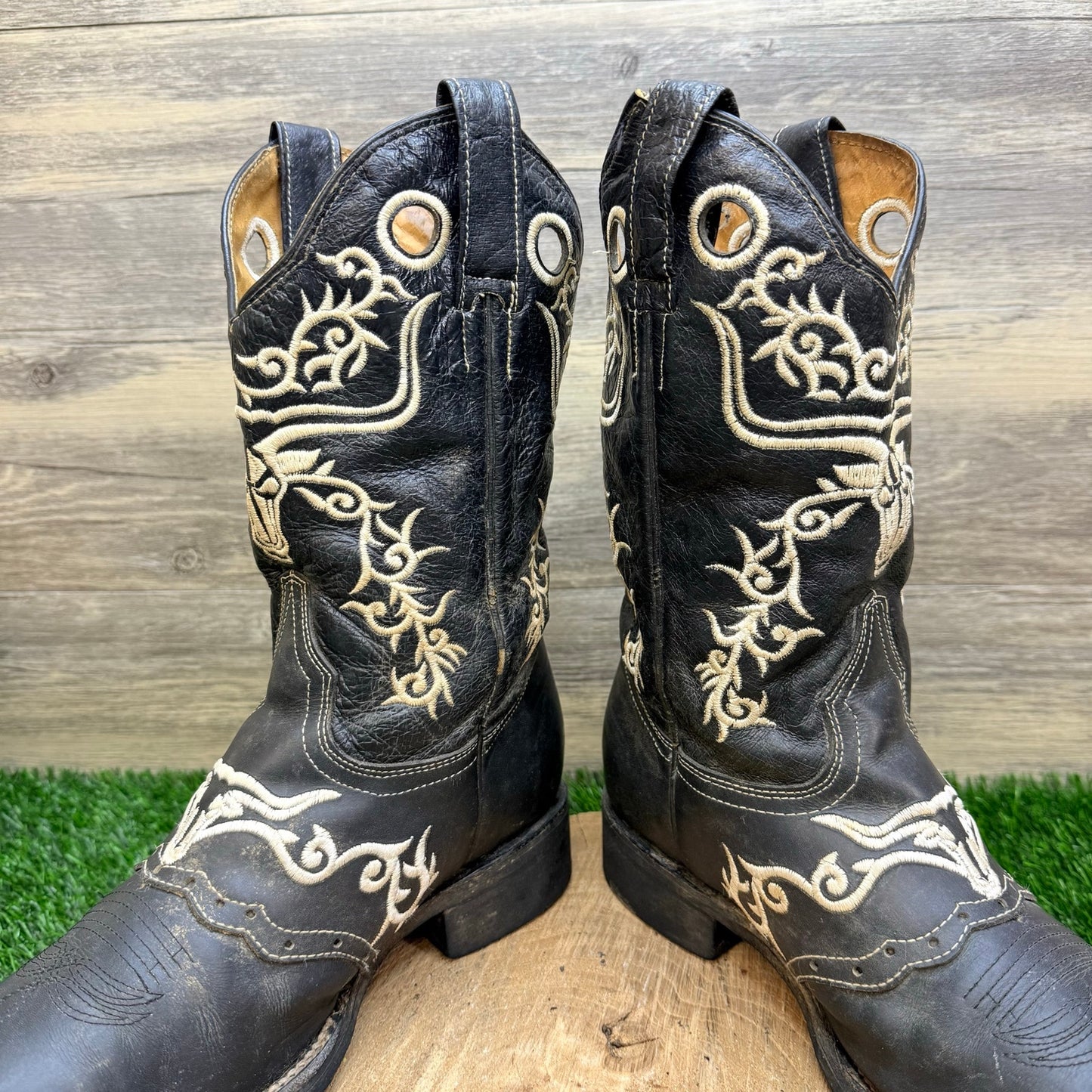 El General Men - Size 8.5 - Black Longhorn Square Toe Cowboy Boots 1803