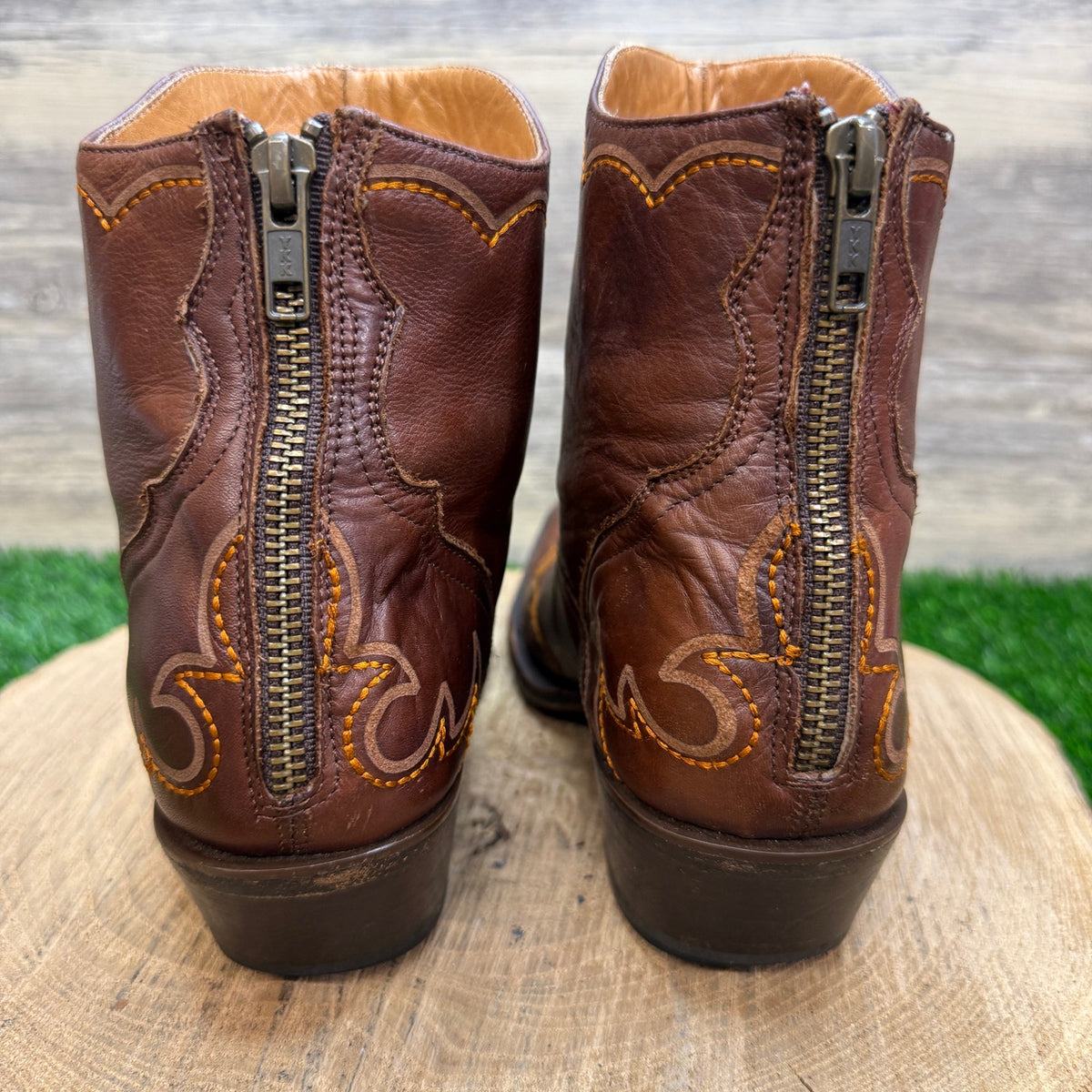 Lucchese Women - Size 7B - Brown/Orange Stitching Ankle Cowboy Boots M6019