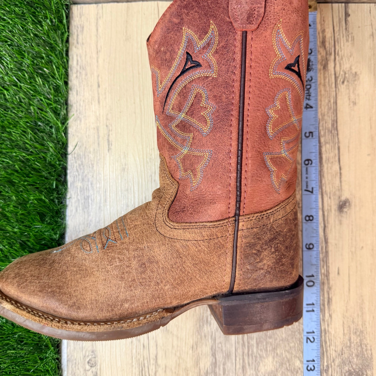 Old West Youth - Size 2D - Brown / Red Square Toe Western Cowboy Boots BSC1912