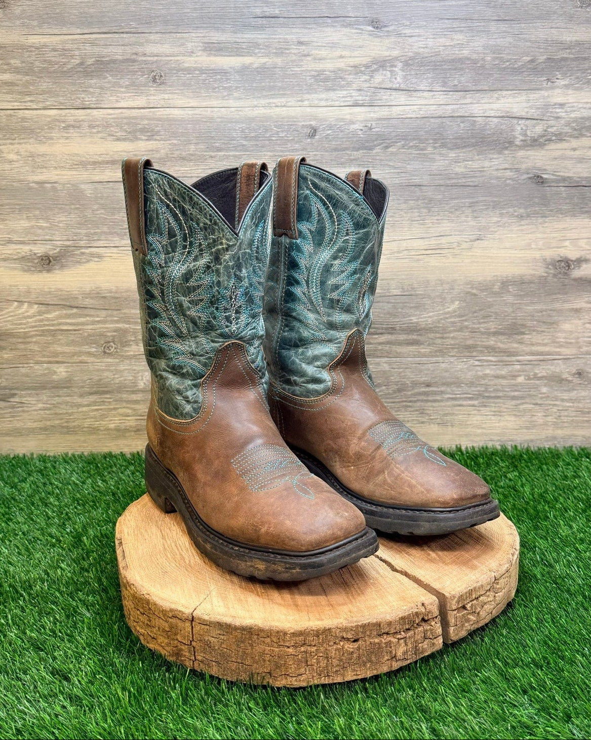 JB Dillon Men - Size 9D - Brown/Green Square Toe Western Cowboy Boots JBR1115D