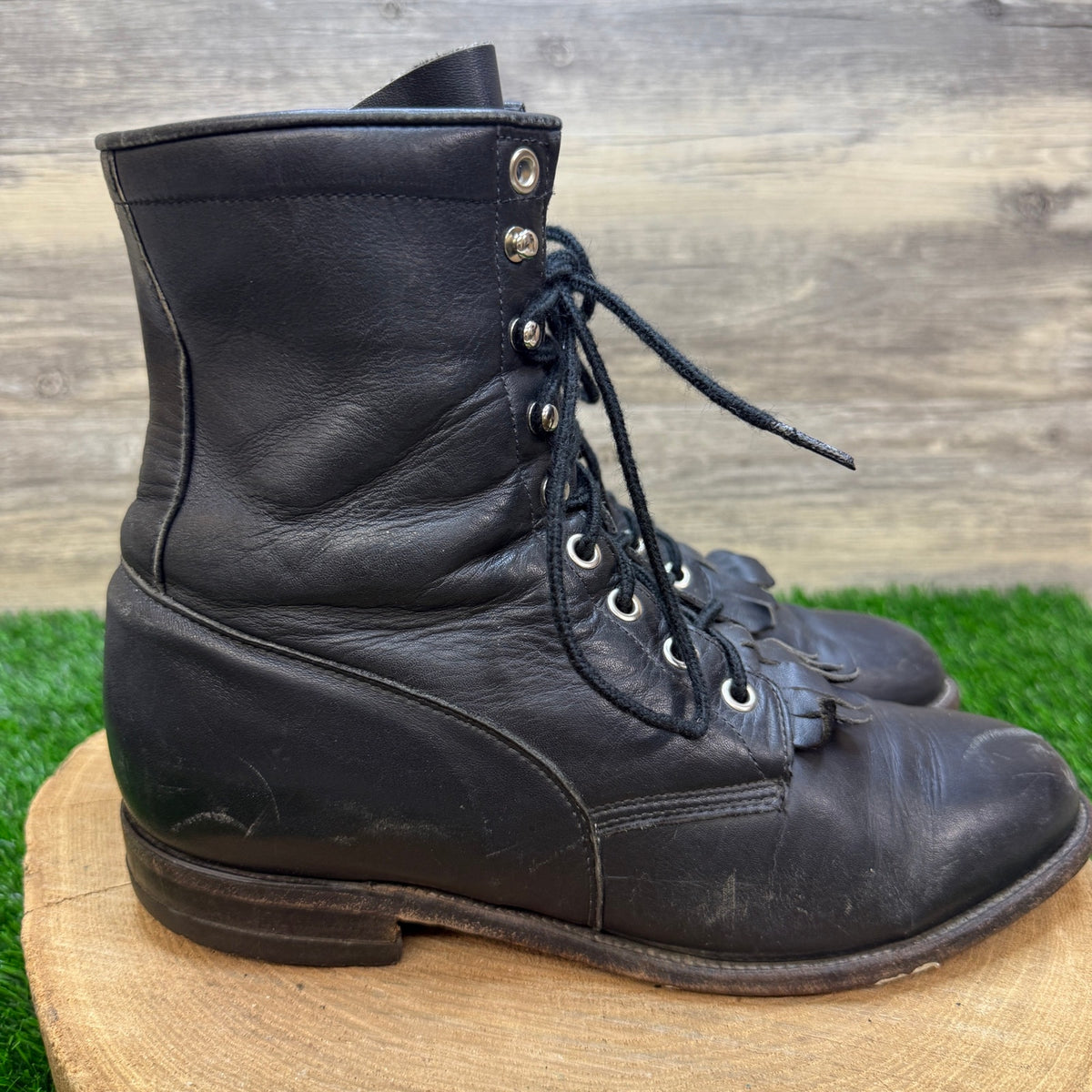 Justin Men - Size 8D - Vintage Black Soft Leather Lace Up Cowboy Boots 620
