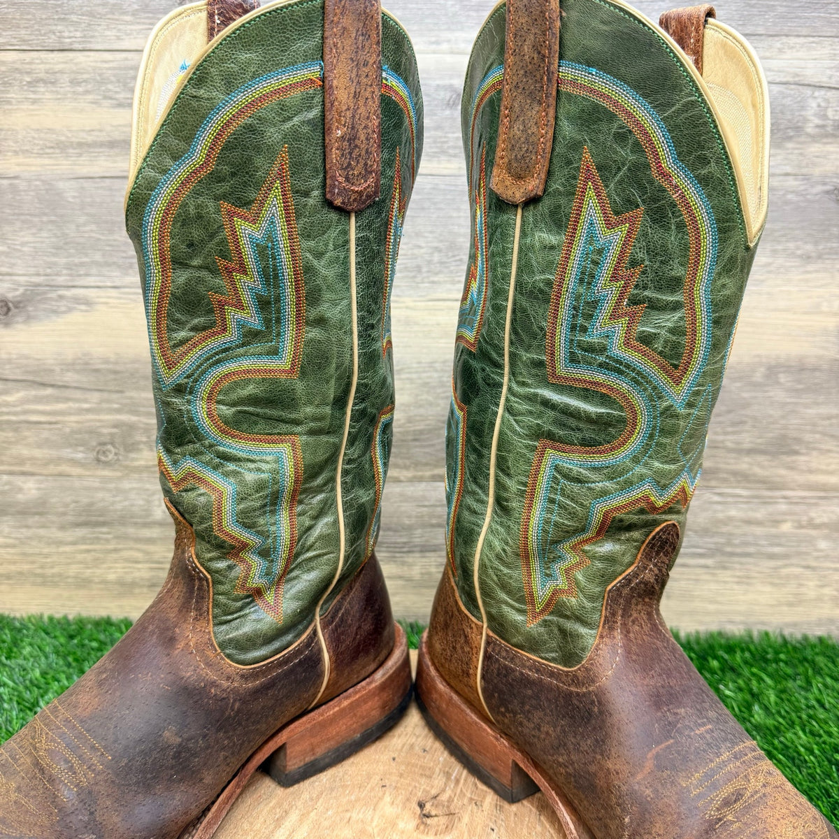 Anderson Bean Men - Size 10.5D - Brown / Green Square Toe Cowboy Boots 4482N