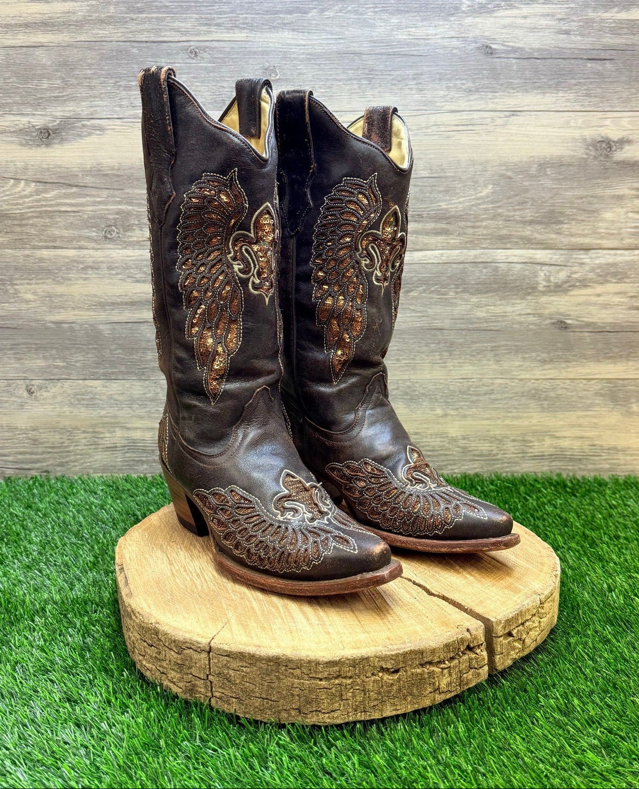 Corral Women - Size 7M - Brown Fleur De Lis Wings Cowboy Boots R2549