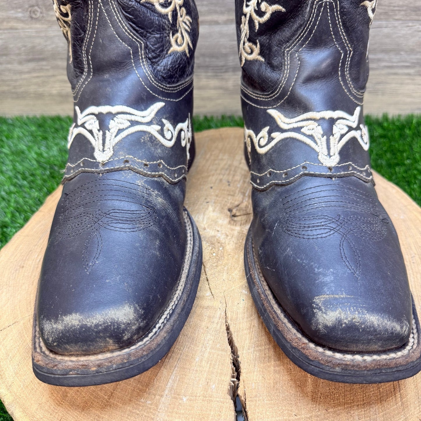 El General Men - Size 8.5 - Black Longhorn Square Toe Cowboy Boots 1803
