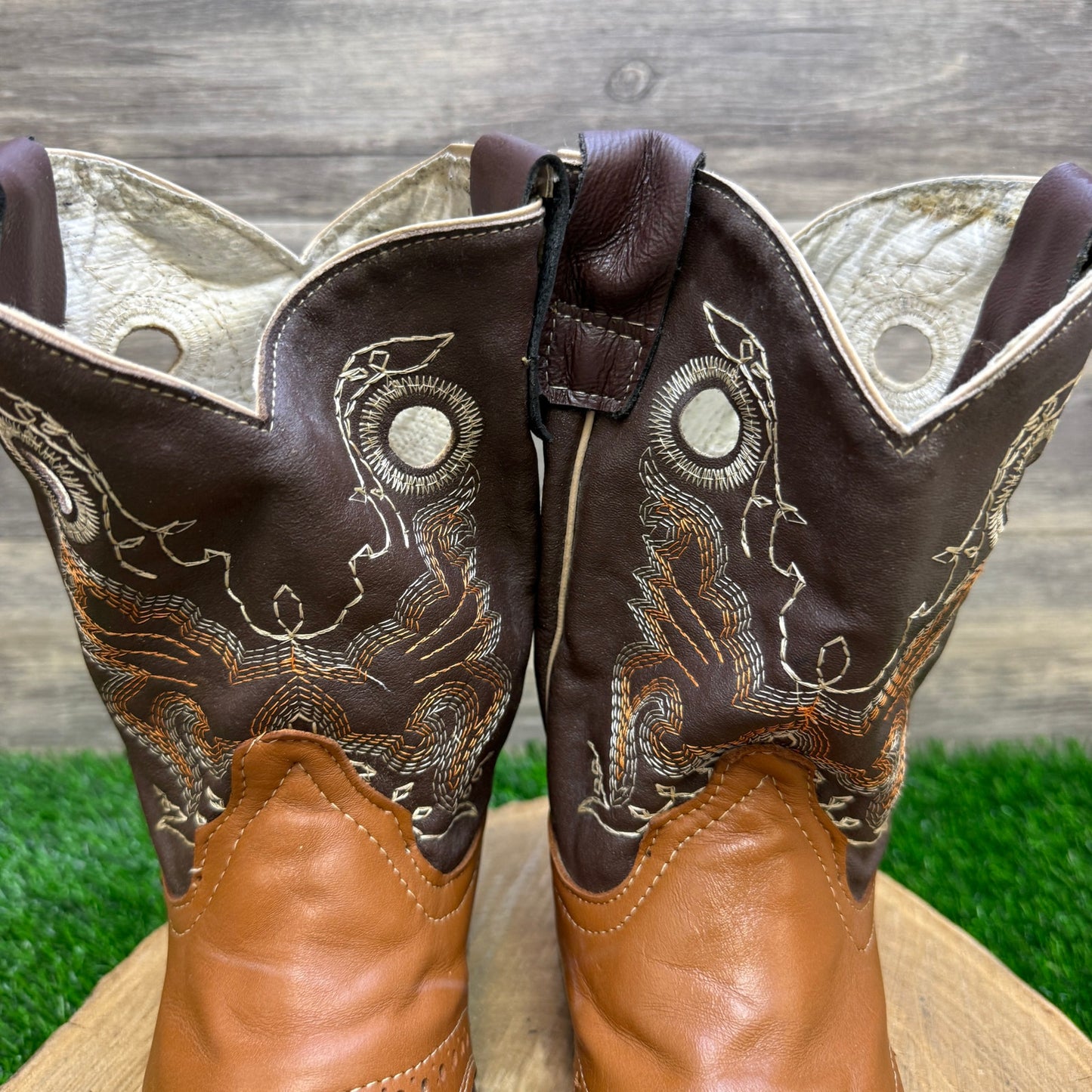 JJ Diher Youth - Size 6 - Brown/Tan Faux Leather Square Toe Cowboy Boots