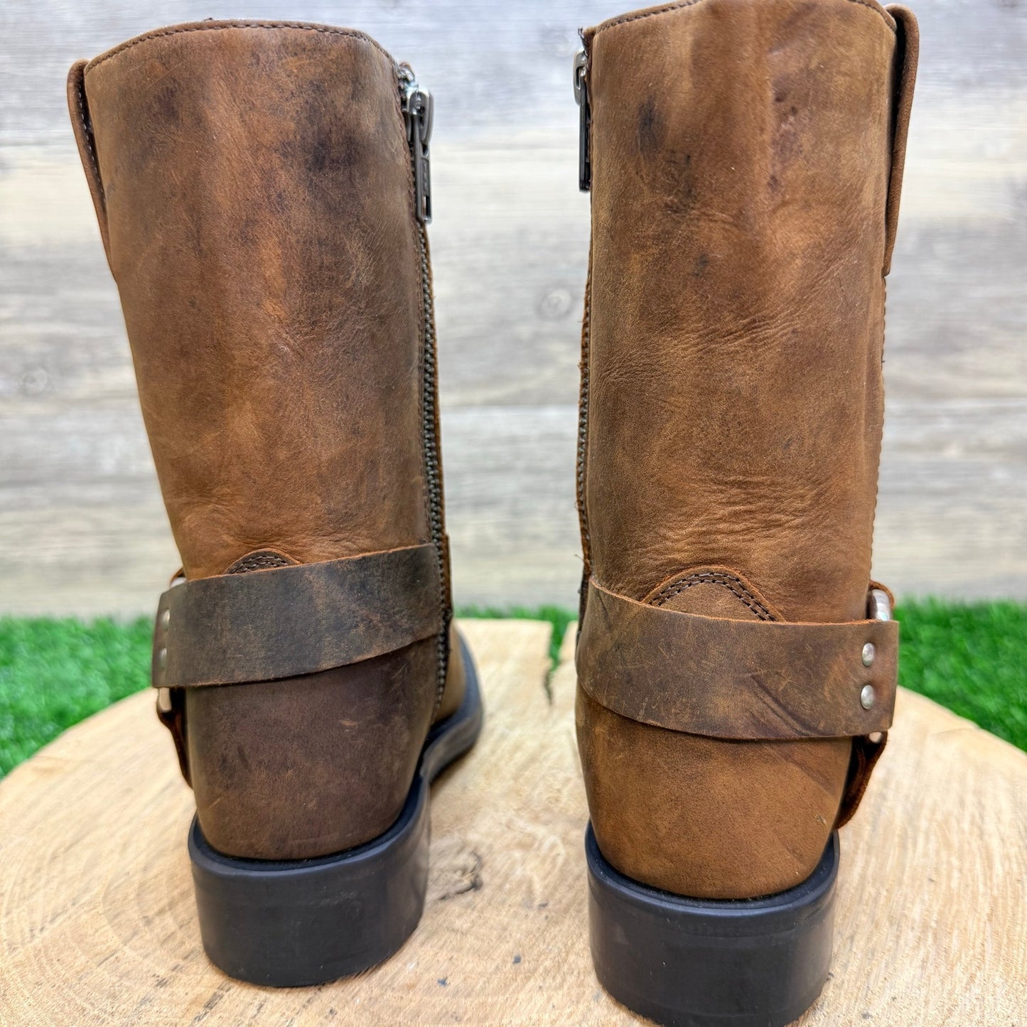 Old West Youth - Size 9D - Brown Square Toe Moto Boots CH1002