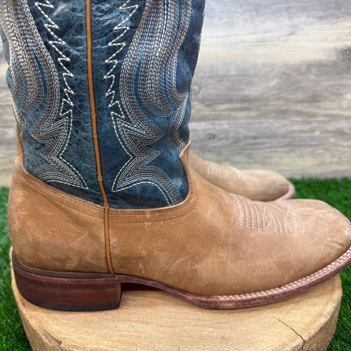 JB Dillon Men - Size 12B - Tan/Blue Flame Square Toe Cowboy Boots Style JBR2111