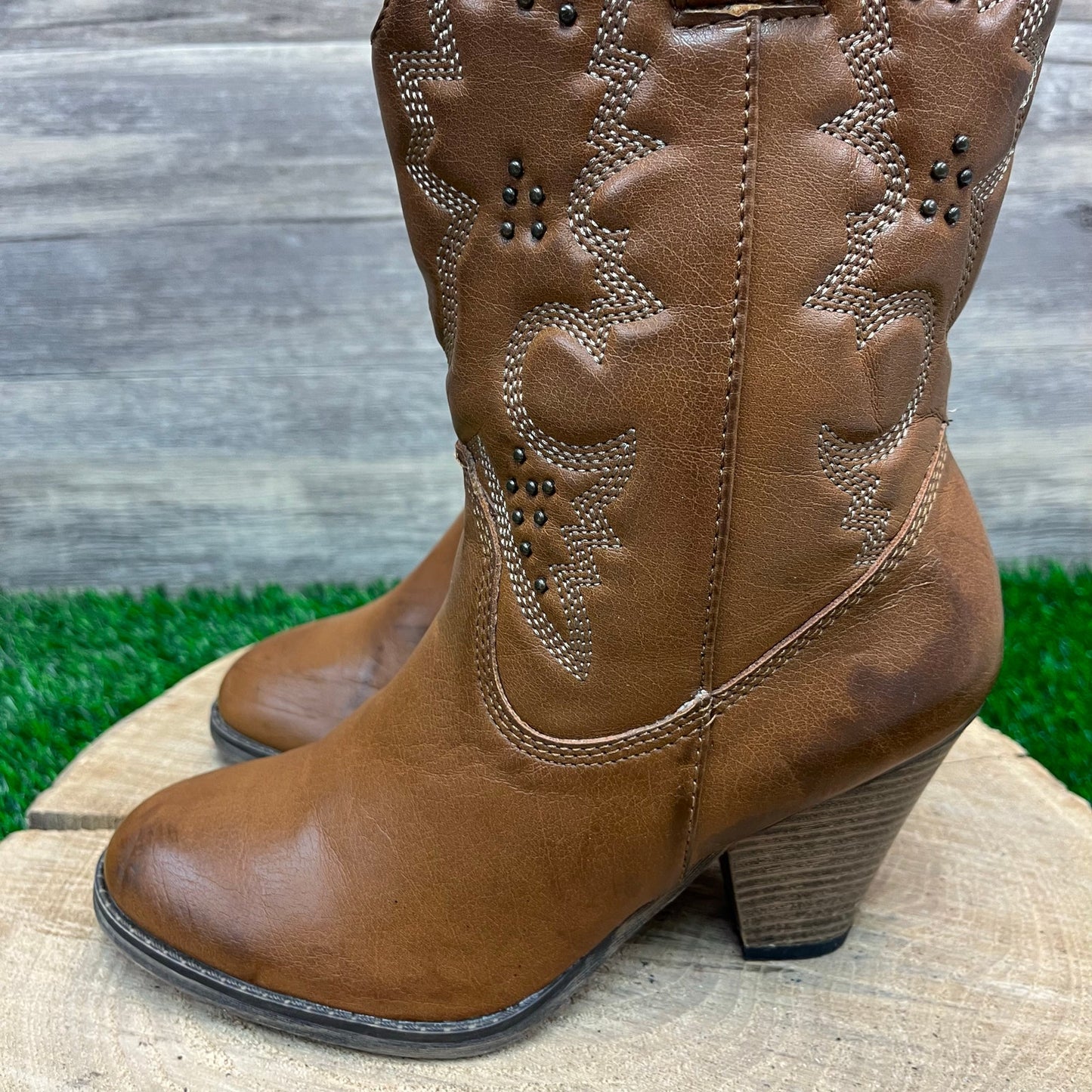 MIA Women - Size 6.5 - Tan Studded Faux Leather Boots Style Remi