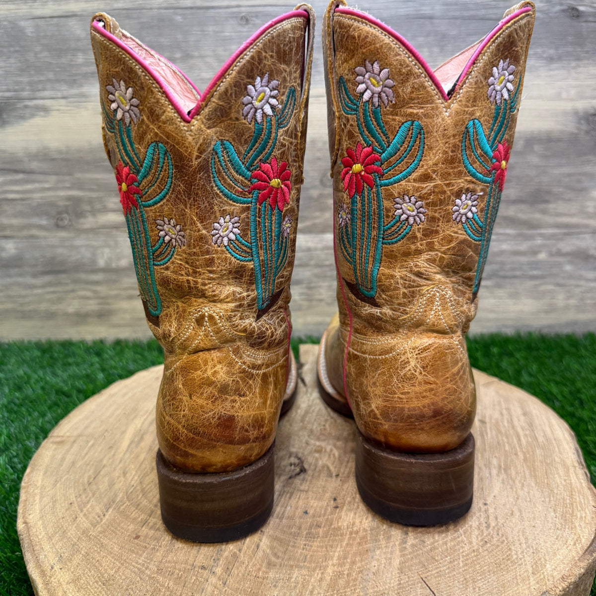 Roper Youth - Size 2.5 - Tan Cactus/Floral Square Toe Cowboy Boots Style 1482
