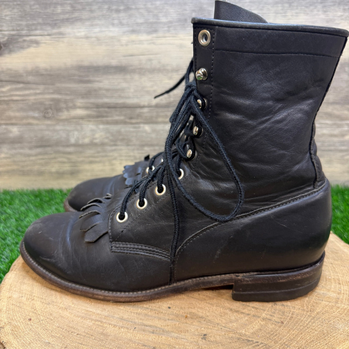 Justin Men - Size 8D - Vintage Black Soft Leather Lace Up Cowboy Boots 620