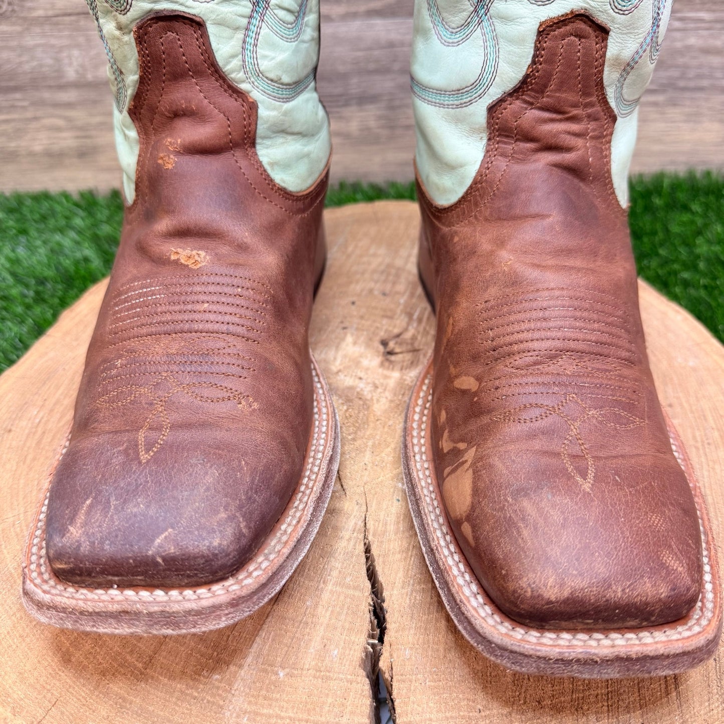 Tony Lama Women- Size 8.5B - Light Green / Brown Square Toe Cowboy Boots TL3201