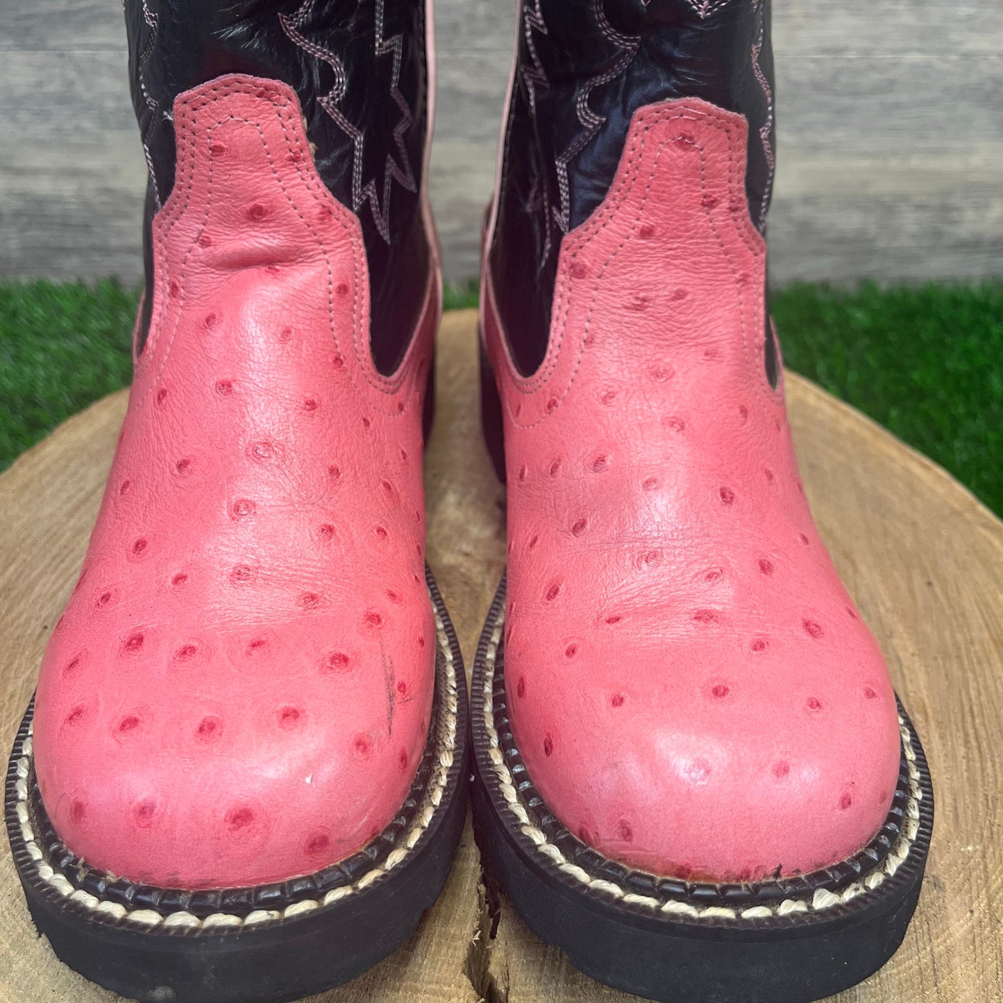 Old West Youth - Size 6 - Pink/Black Ostrich Print Round Toe Cowboy Boots 1219Y