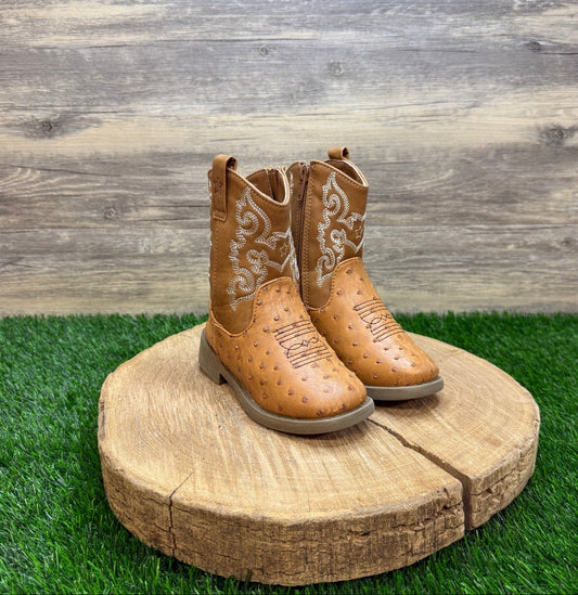 Pawz Youth - Size 8 - Tan Faux Ostrich/Leather Zipper Cowboy Boots Style 35356