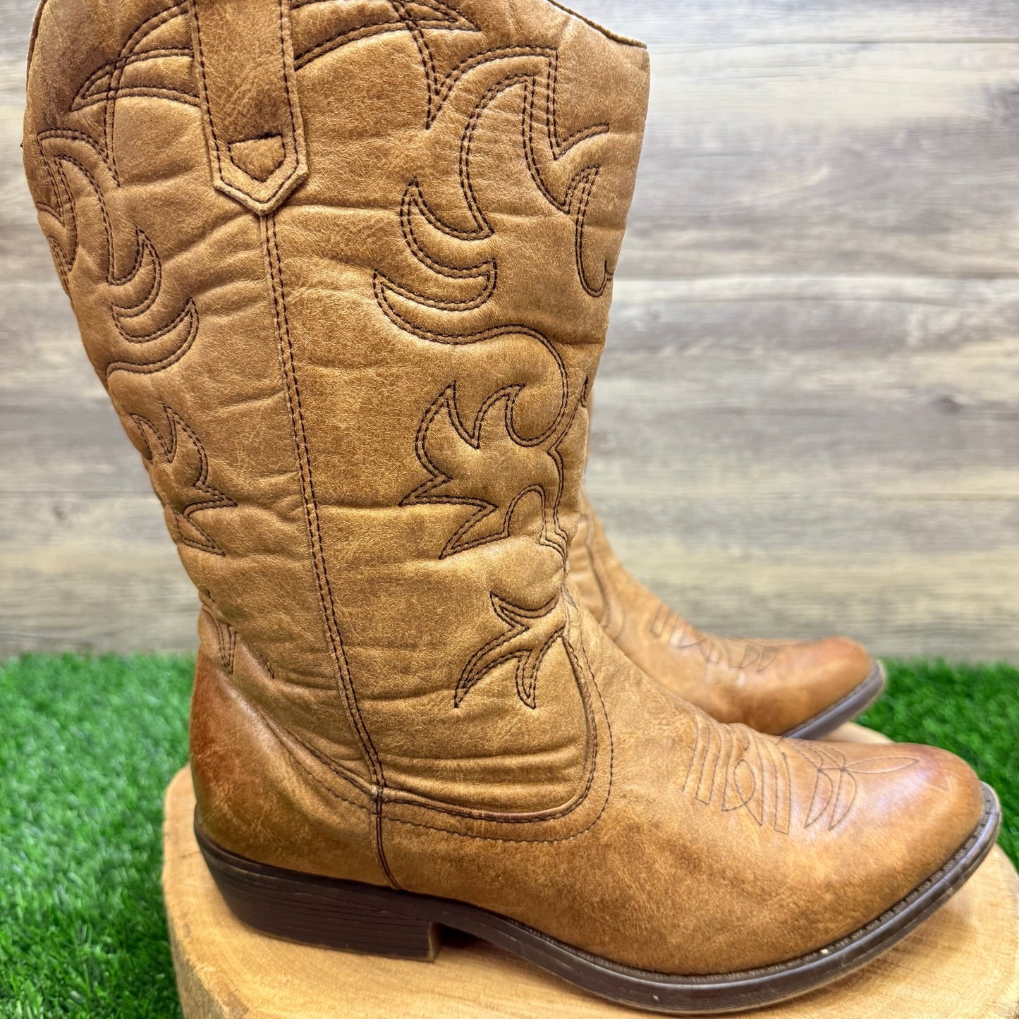 Rodeo Ropers Women - Size 9W - Tan Faux Leather Cowboy Boots Mesa