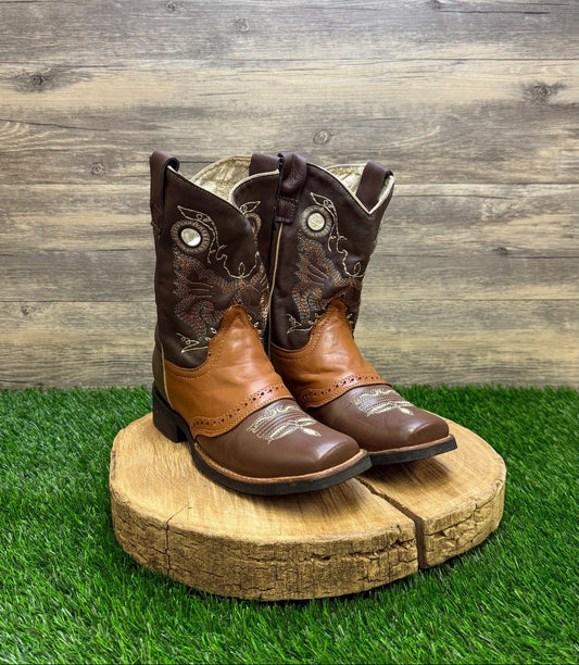 JJ Diher Youth - Size 6 - Brown/Tan Faux Leather Square Toe Cowboy Boots