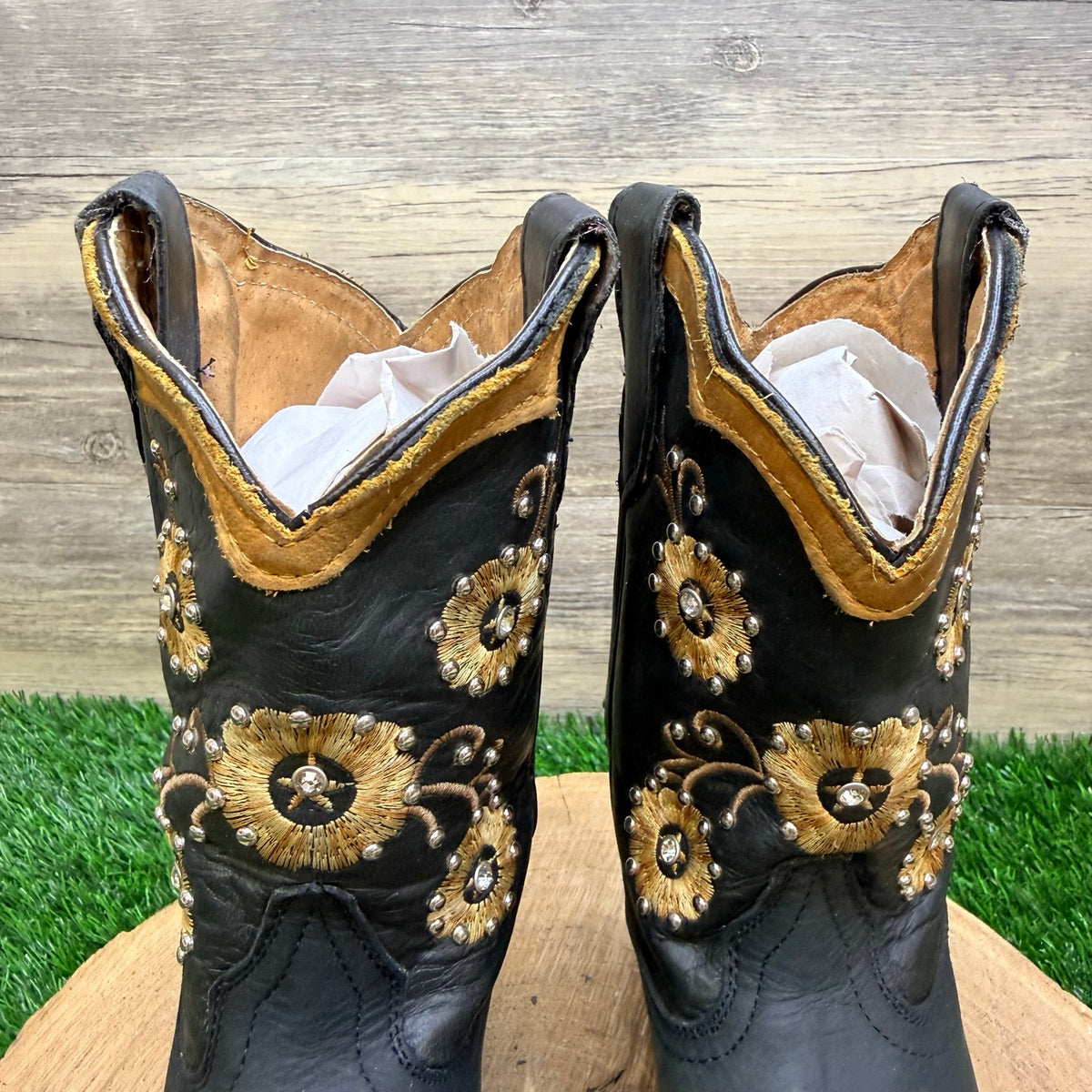 Cerrito Youth - Size 1 - Black / Tan Jeweled Flowers Cowboy Boots 2309
