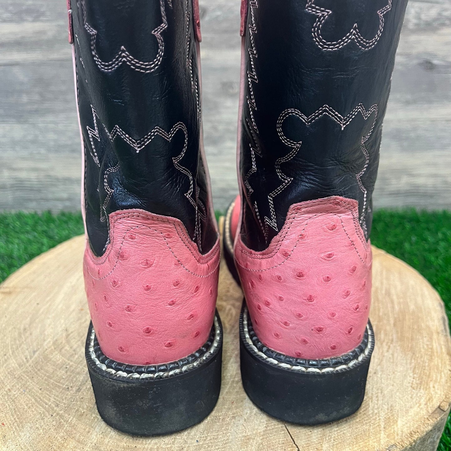 Old West Youth - Size 6 - Pink/Black Ostrich Print Round Toe Cowboy Boots 1219Y