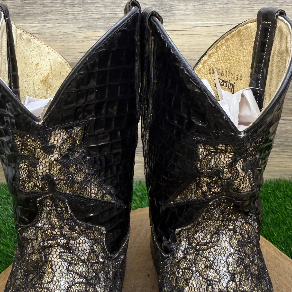 Ferrini Women - Size 9B - Black Glitter Lace Square Toe Cowboy Boots Flower