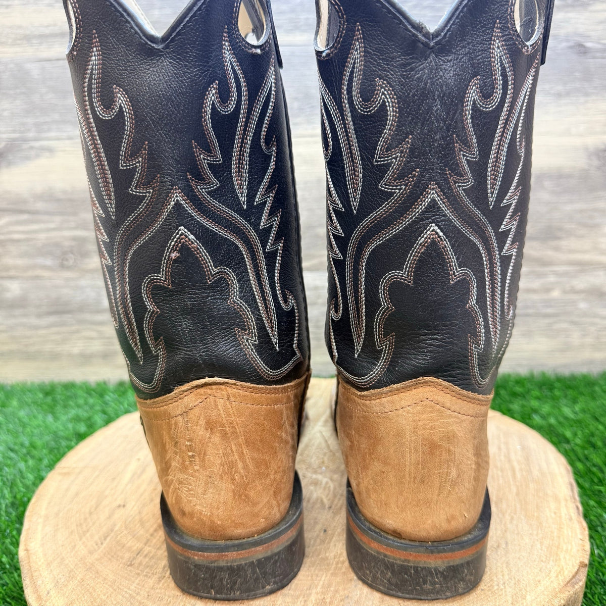 Old West Youth - Size 4.5D - Black / Tan Square Western Cowboy Boots BSY1814