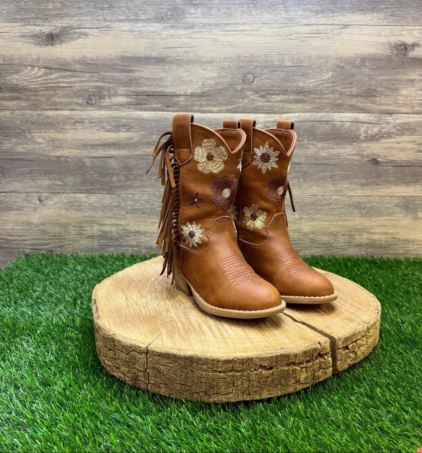 Rolled Youth - Size 9T - Tan Floral Fringe Faux Leather Cowboy Boots Style