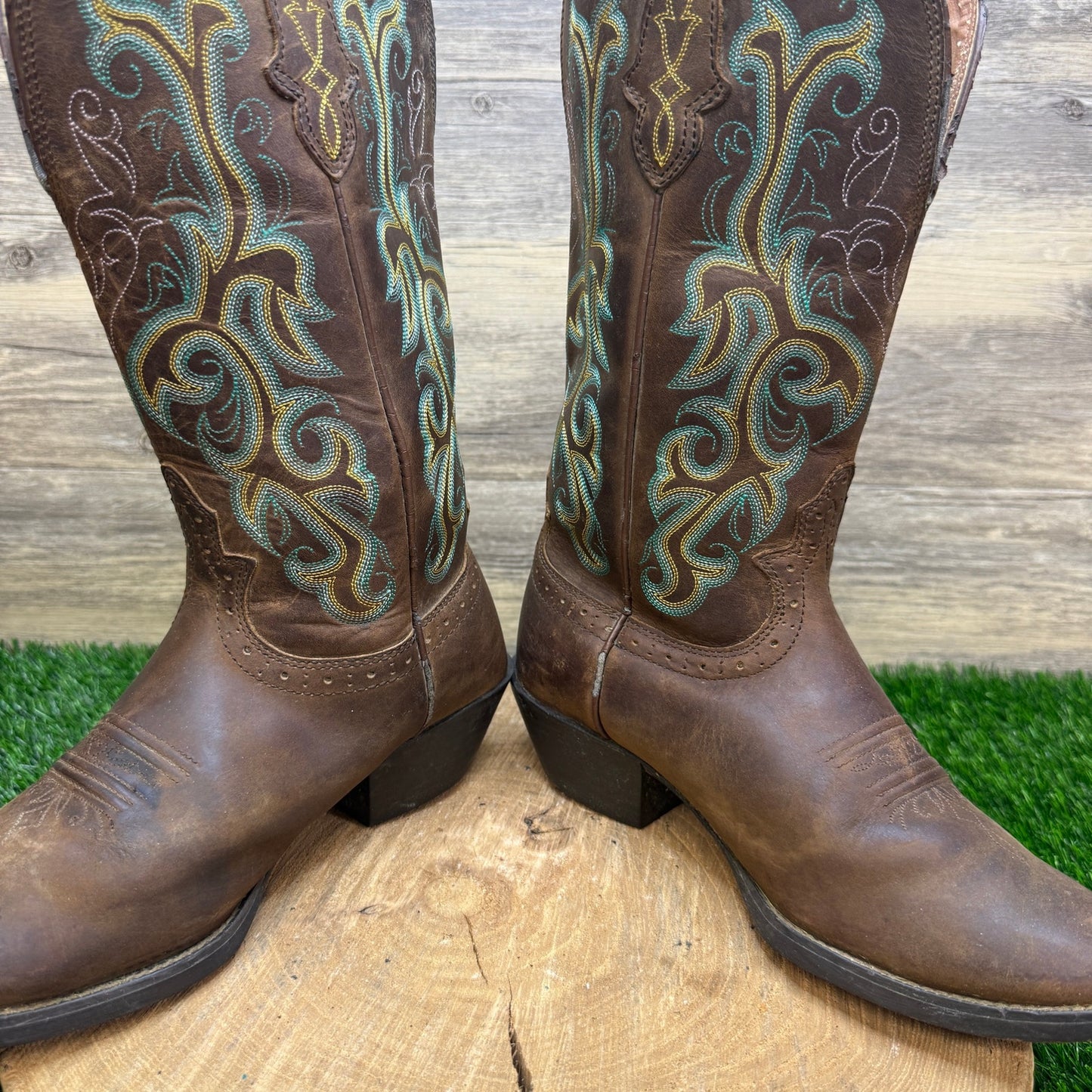 Justin Women - Size 7.5B - Tan/Green Square Toe Cowboy Boots Style 2552