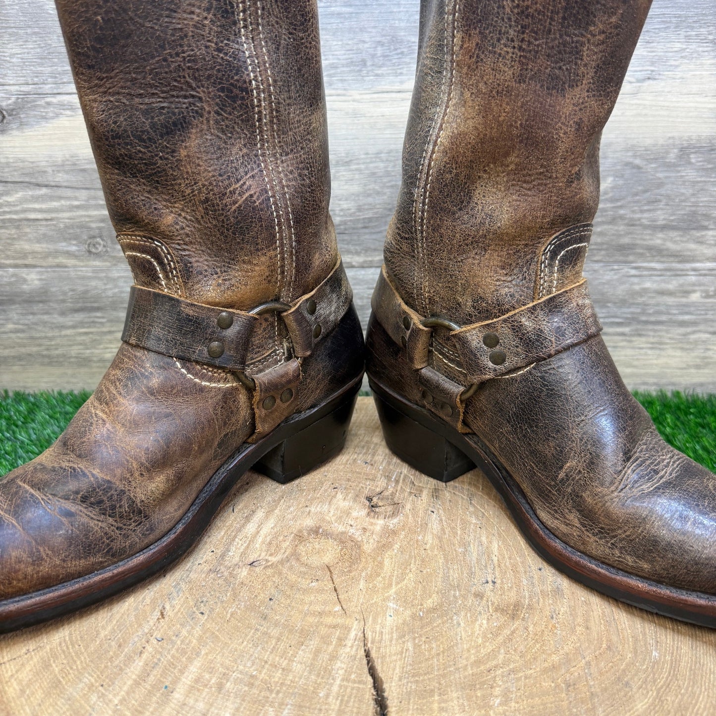 Frye Women - Size 8.5 - Distressed Brown Harness Square Toe Boots