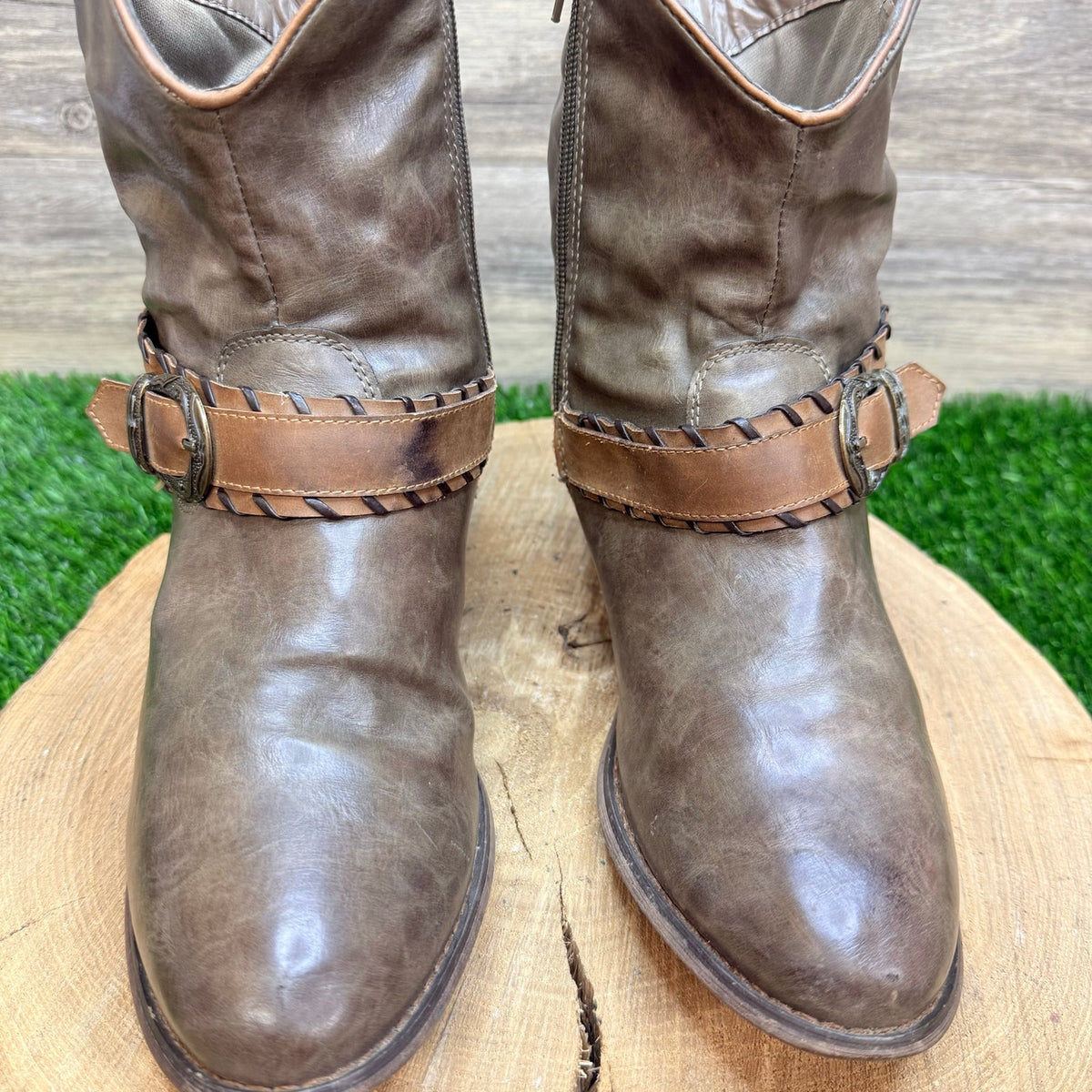 Pierre Dumas Women - Size 9 - Taupe Buckle Zipper Ankle Boots