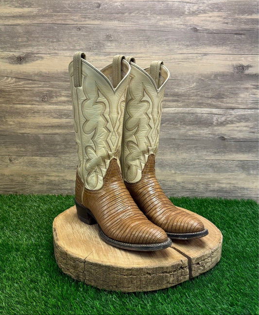 Tony Lama Women - Size 6.5B - Vintage Tan/Cream Lizard Cowboy Boots Style 01453
