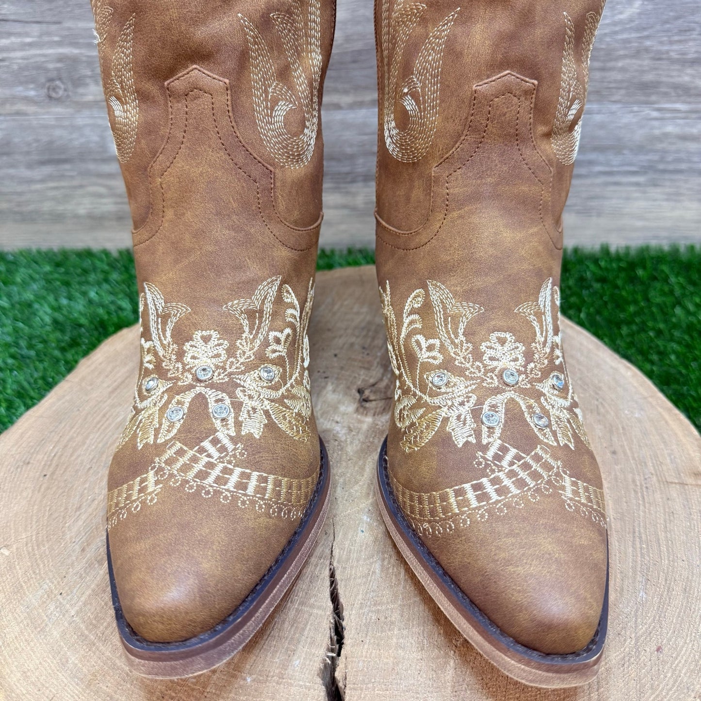 Unknown Women - Size 8.5 - Tan Jeweled Faux Suede Tall Cowboy Boots