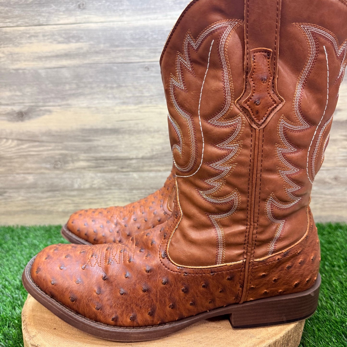 Roper Men - Size 13 - Brown Faux Ostrich Leather Square Toe Cowboy Boots 0807