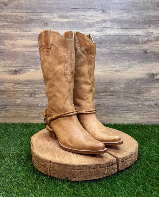 Penny Loves Kenny Women - Size 7.5M - Tan Strappy Cowboy Boots Style Lariat
