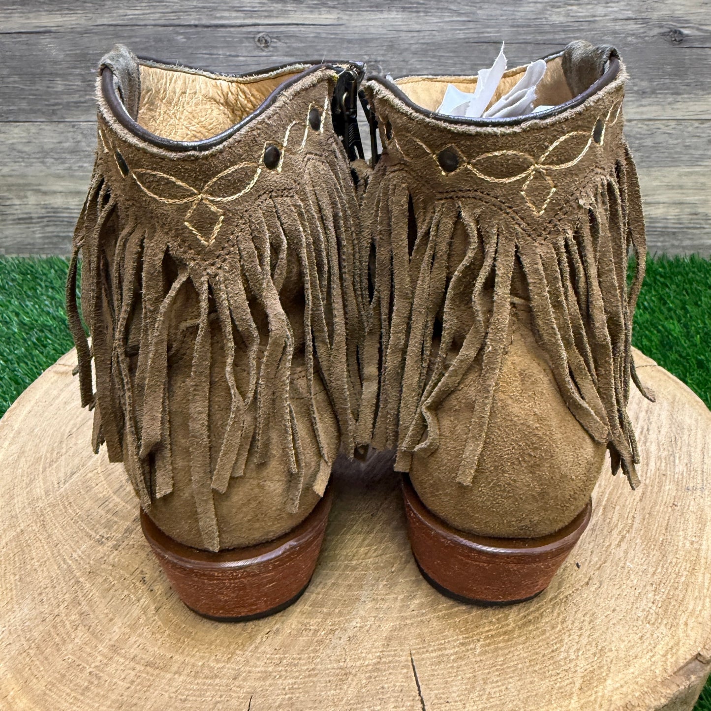 JB Dillon Women - Size 6.5B - Tan Suede Fringe Ankle Cowboy Boots JBW2242