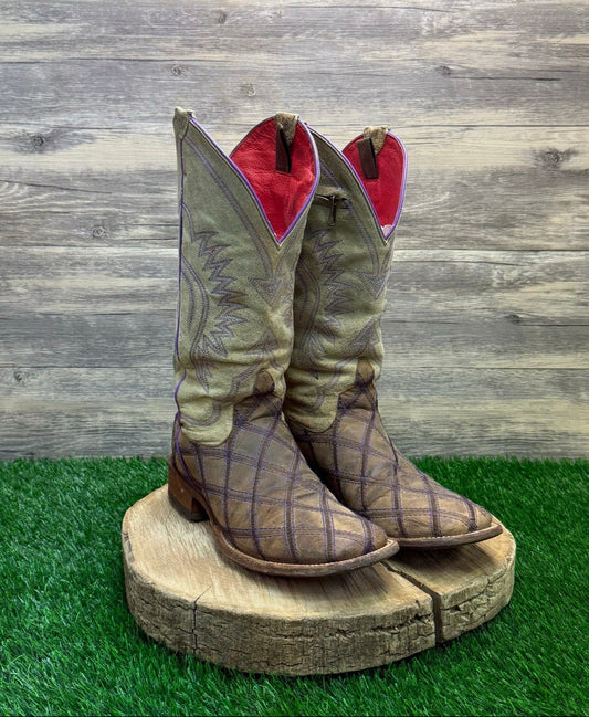 Macie Bean Women -Size 9M- Purple/Tan Diamond Patchwork Square Toe Cowboy Boots