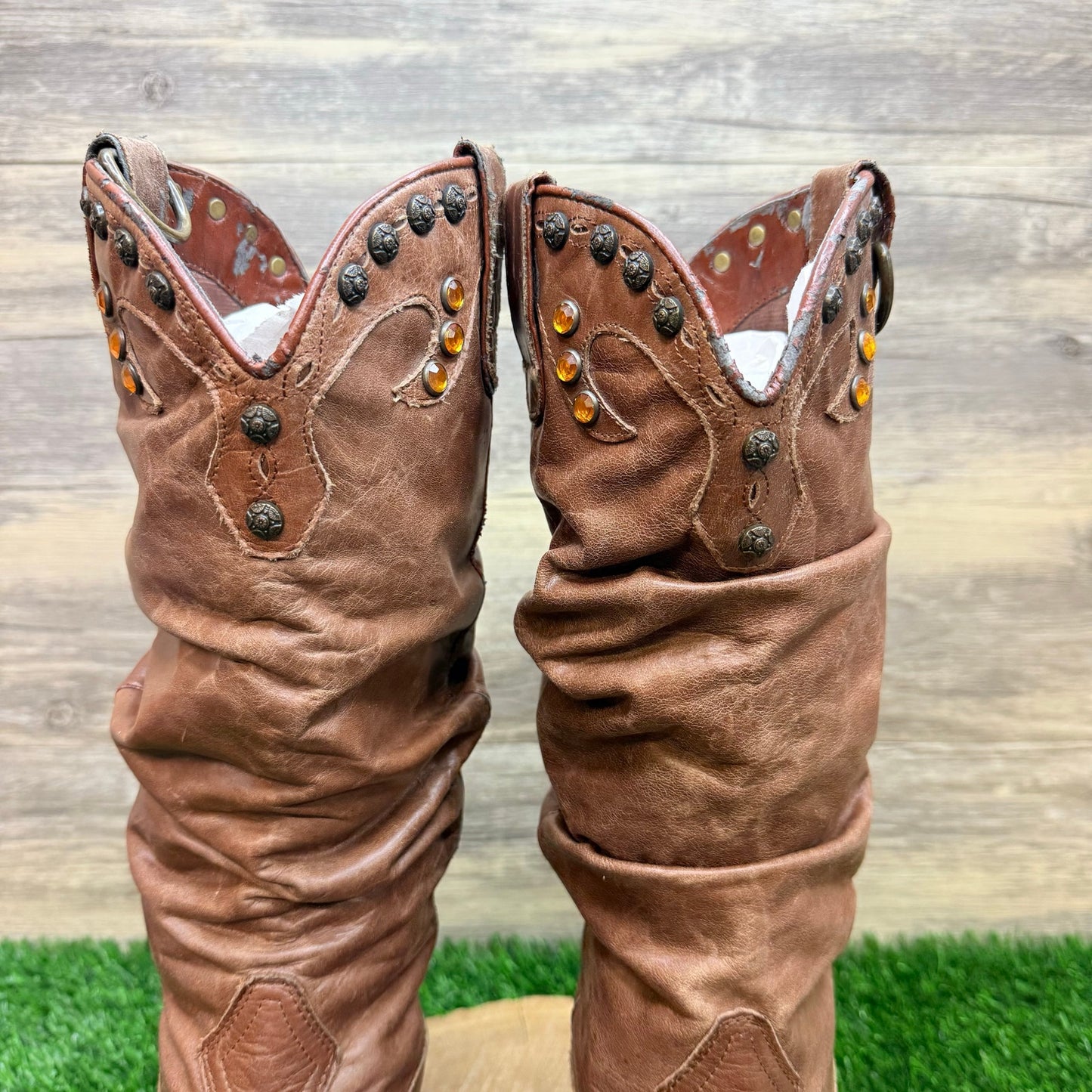 Steve Madden Women - Size 7.5M - Brown Studded Soft Leather Cowboy Boots Shyann