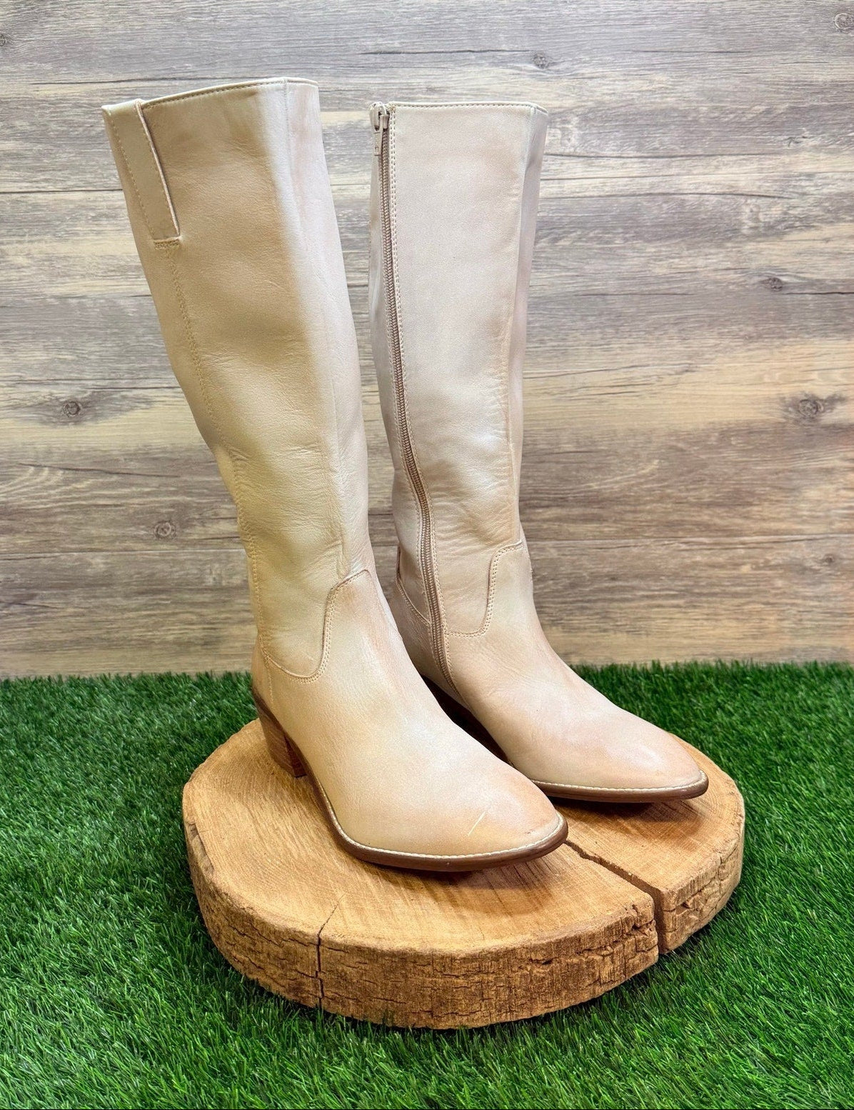 Diba True Women - Size 8M - Iridescent Cream Tall Zipper Boots Fig Garden