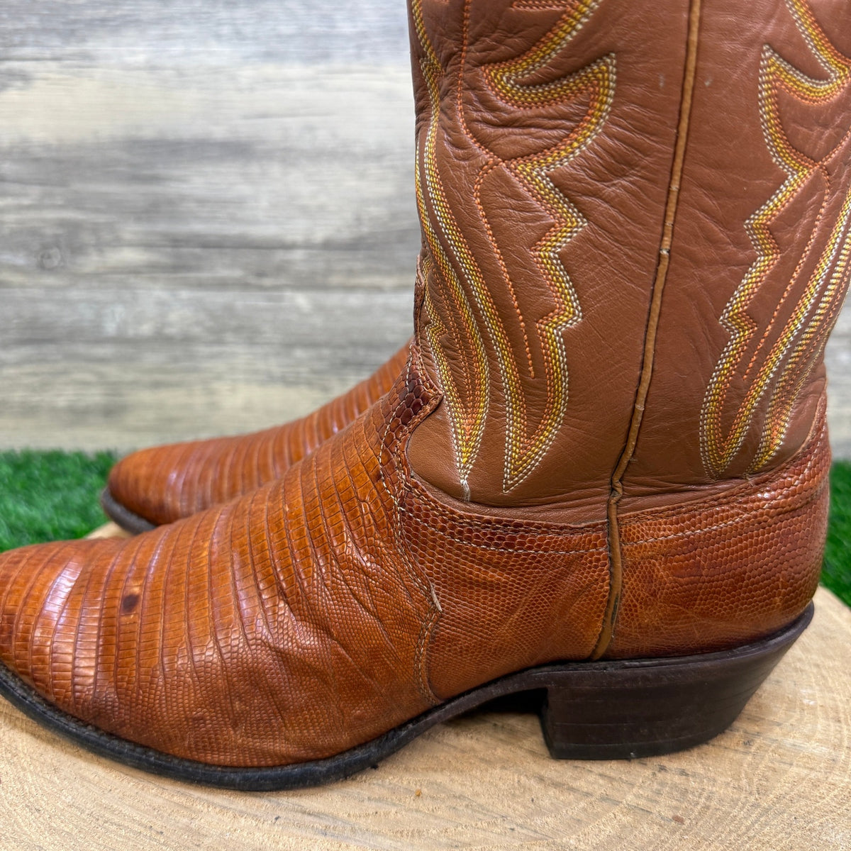 Justin Men - Size 7.5E - Vintage Cognac Lizard Western Cowboy Boots Style 8303