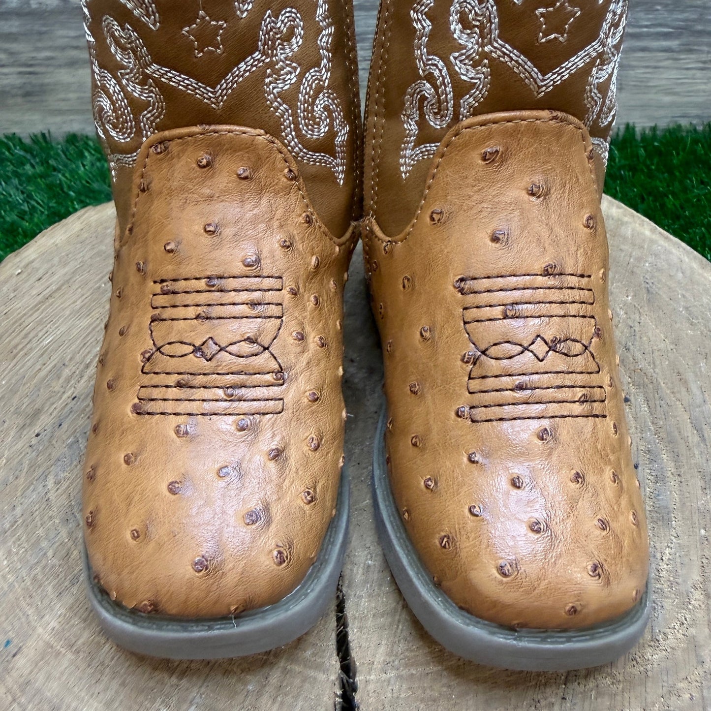 Pawz Youth - Size 8 - Tan Faux Ostrich/Leather Zipper Cowboy Boots Style 35356
