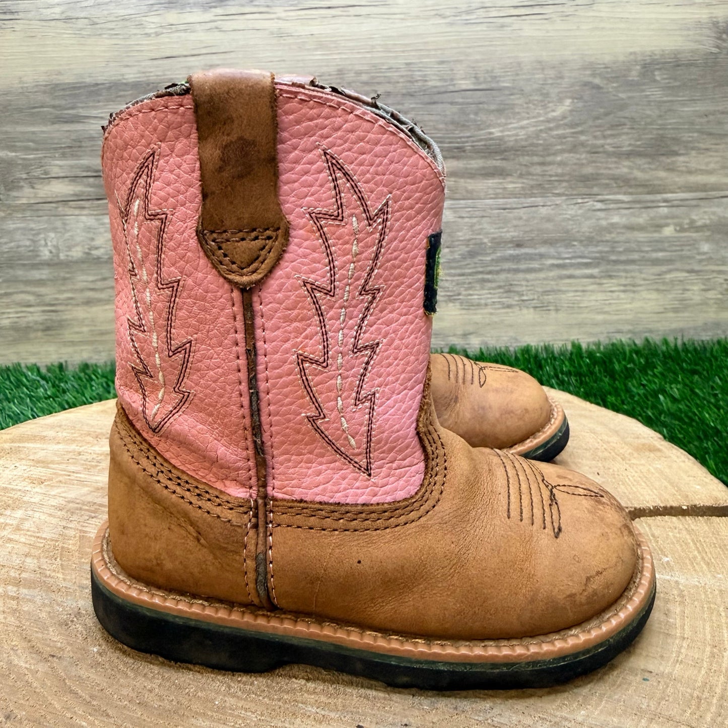 Dan Post Youth - Size 7.5M - Tan / Pink John Deere Cowboy Boots JD1185