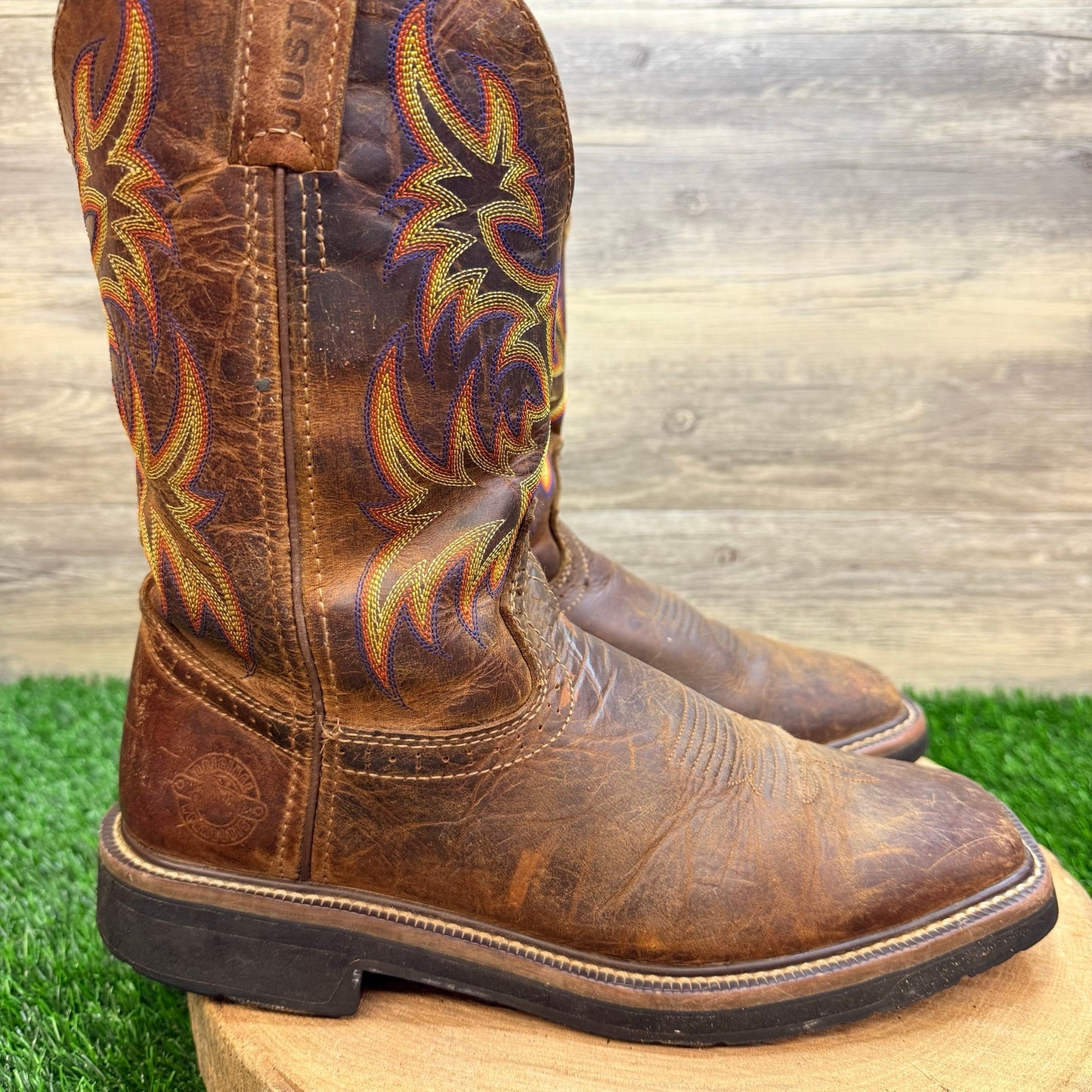 Justin Men - Size 8.5D - Driller Brown Square Toe Work Cowboy Boots WK4681