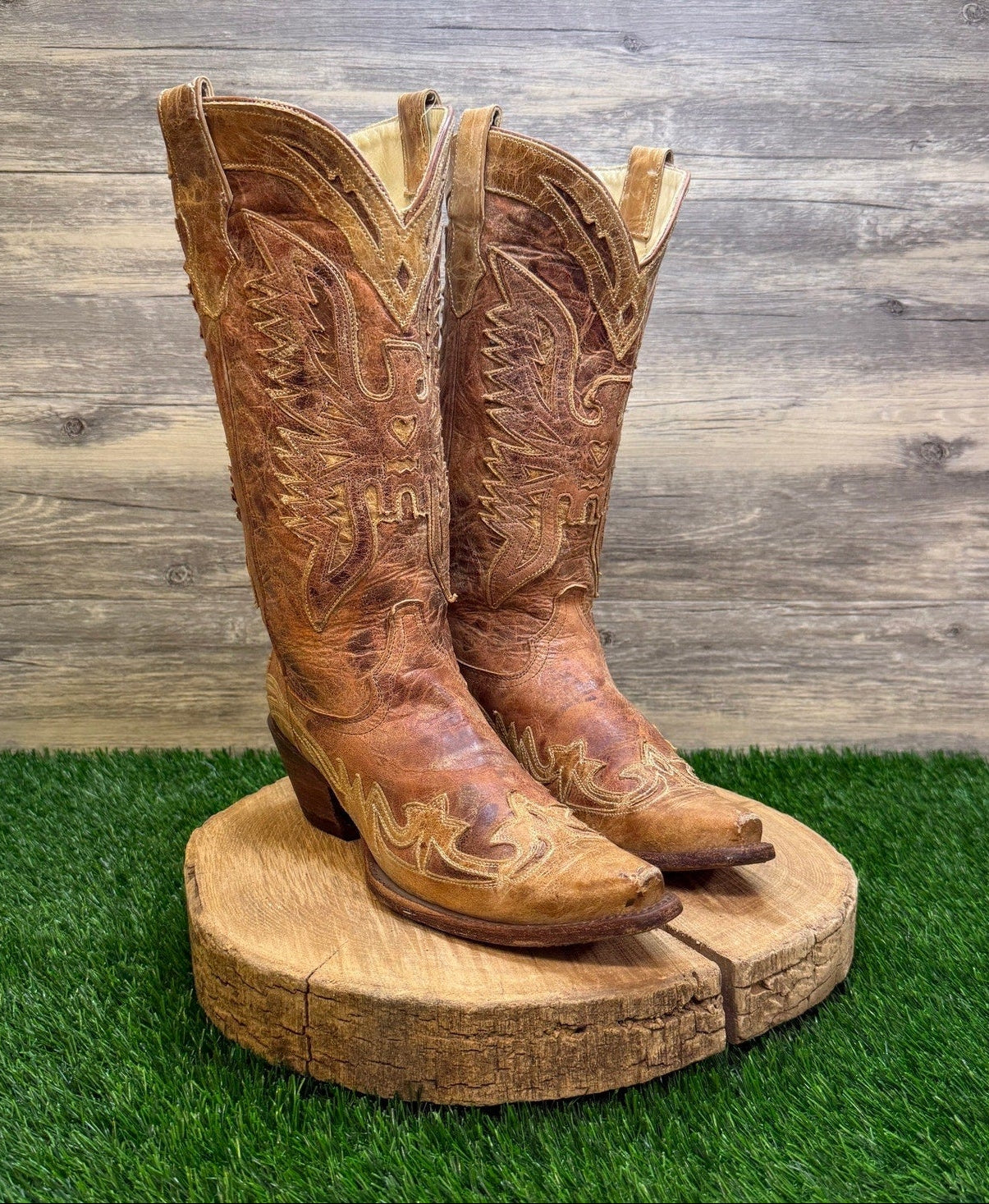 Corral Women - Size 9M - Distressed Crackle Tan Eagle Cowboy Boots R2227