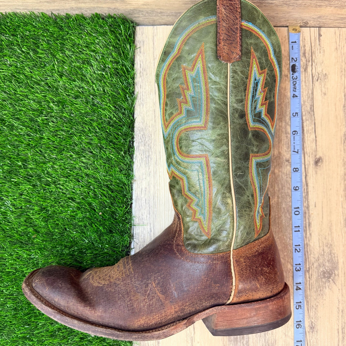Anderson Bean Men - Size 10.5D - Brown / Green Square Toe Cowboy Boots 4482N
