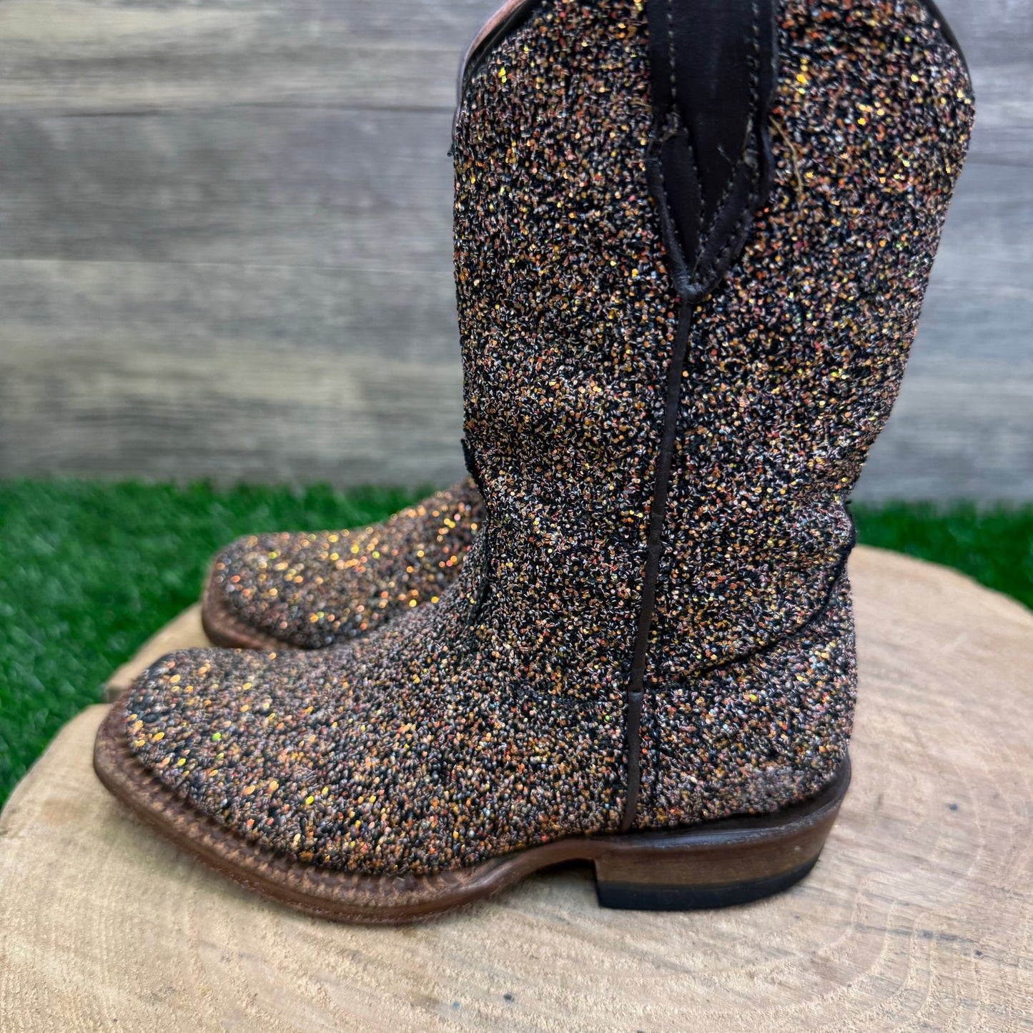Tanner Mark Youth - Size 7 - Brown Glitter Square Toe Cowboy Boots