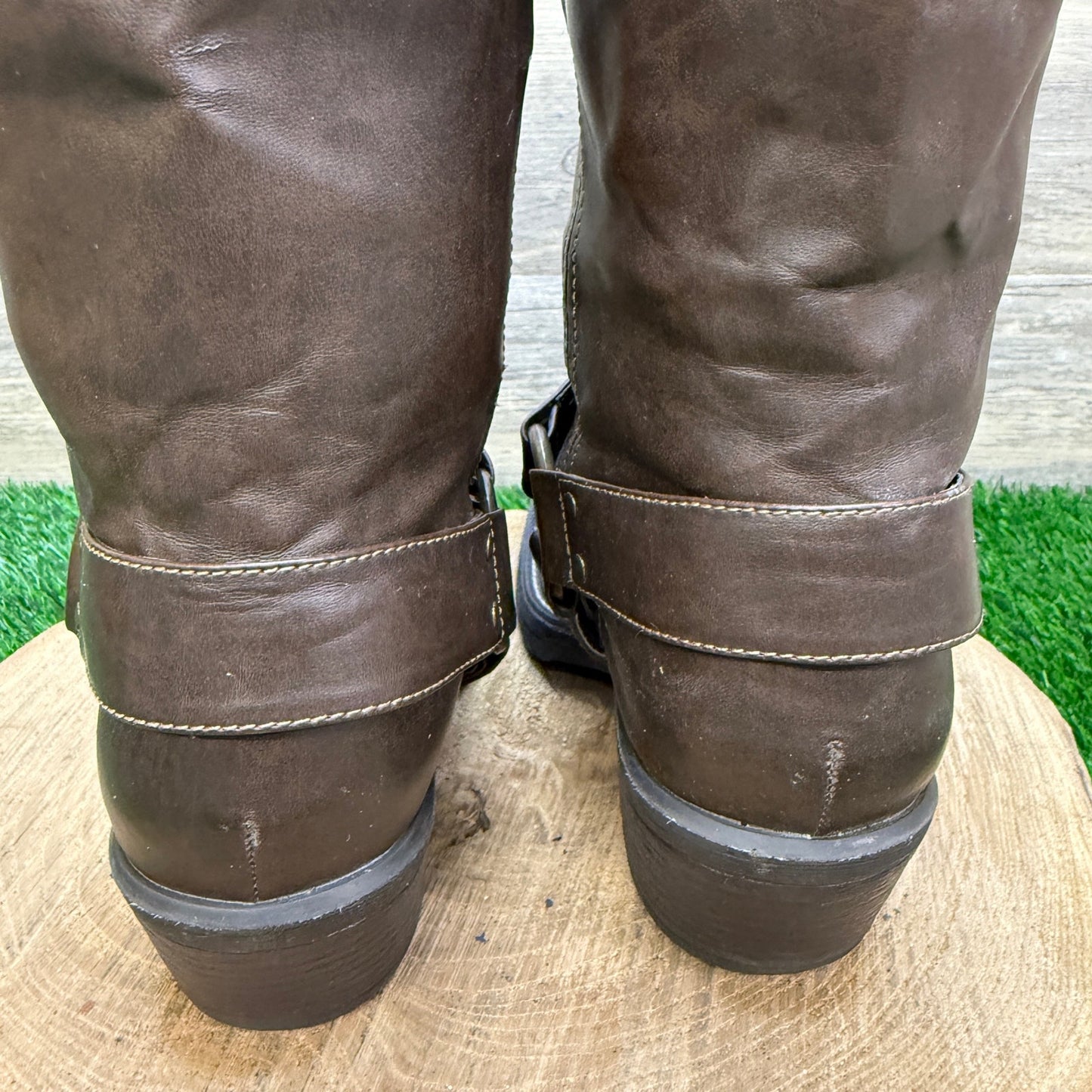 Decree Women - Size 8M - Dark Brown Harness Faux Leather Moto Boots 7412