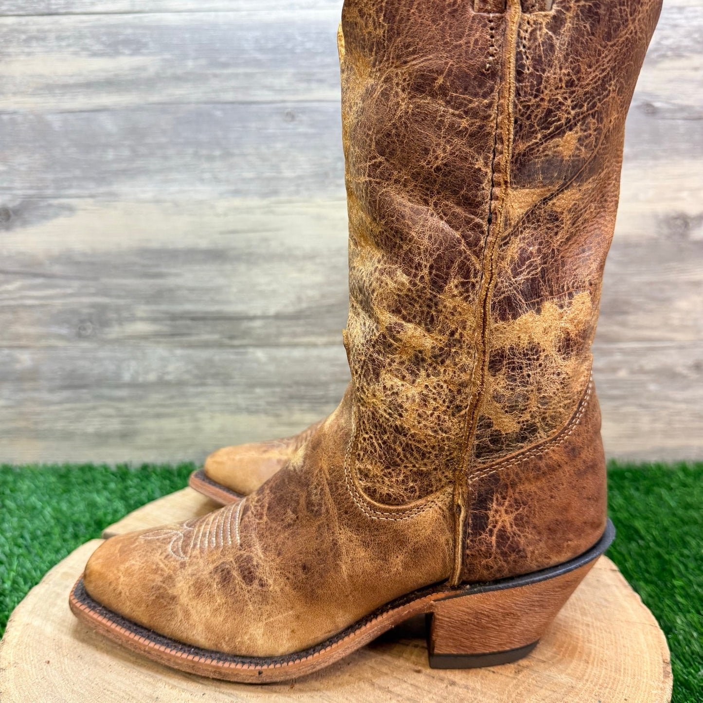 Justin Women - Size 7.5B -  Distressed Tan Square Toe Cowboy Boots BRL122