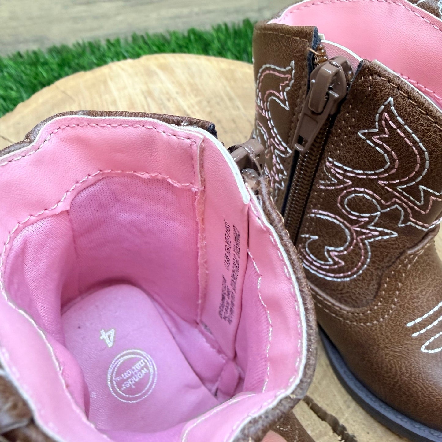 NEW Wonder Nation Youth - Size 4 - Brown / Pink Faux Leather Cowboy Boots