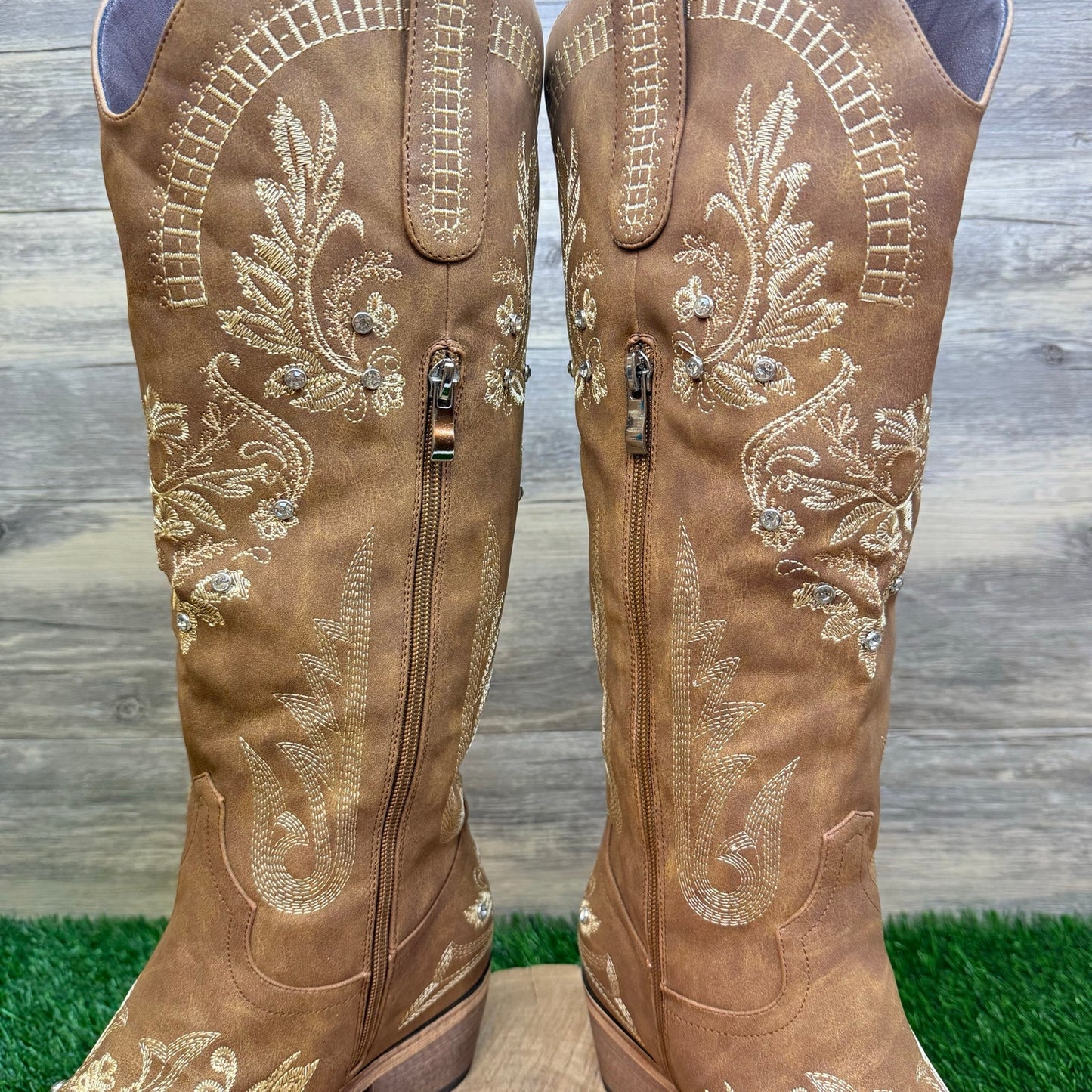 Unknown Women - Size 8.5 - Tan Jeweled Faux Suede Tall Cowboy Boots