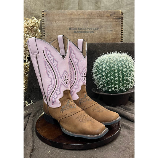 Justin Women - Size 6D - Brown/Pink Square Toe Cowboy Boots Style 2669Y