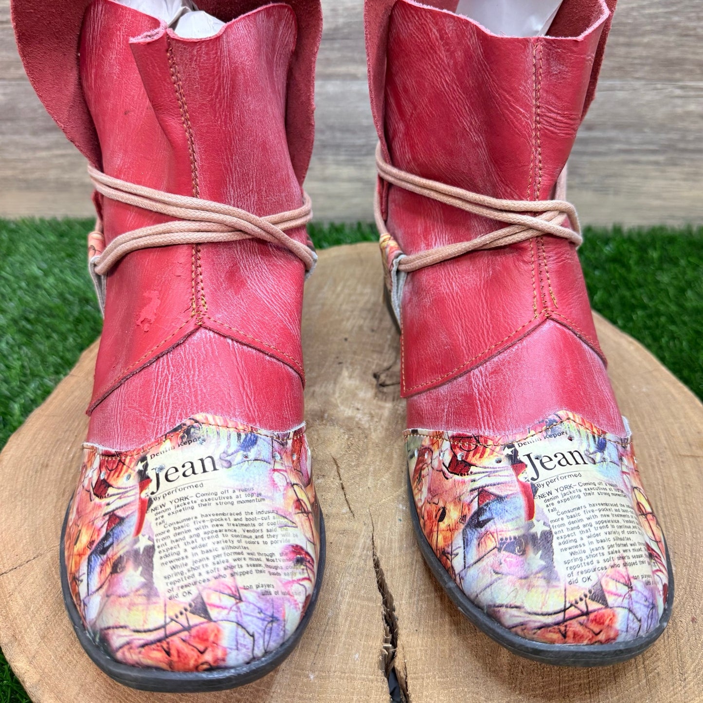 TMA Eyes Women - Size 9.5 - BOHO Newspaper Print Ankle Boots